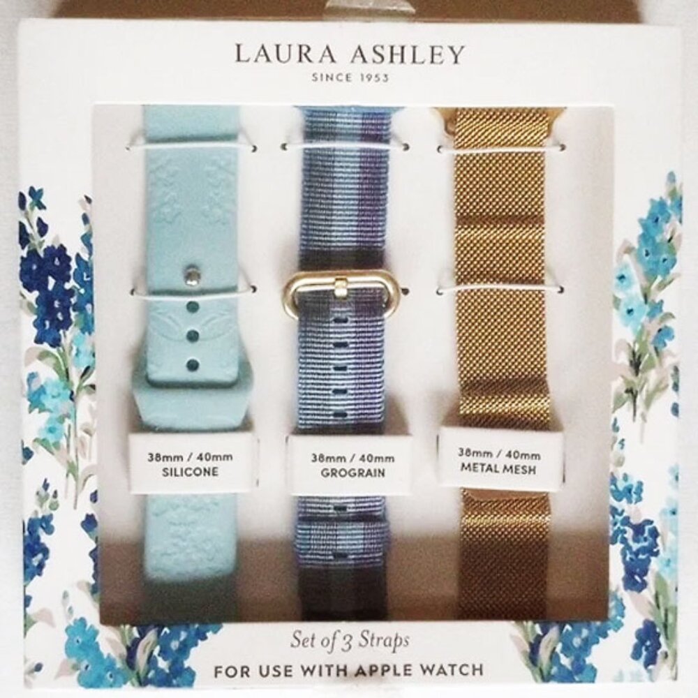 NWT Laura Ashley Apple Smartwatch iWatch Bands 3 Straps Silicone Gold Mesh Denim